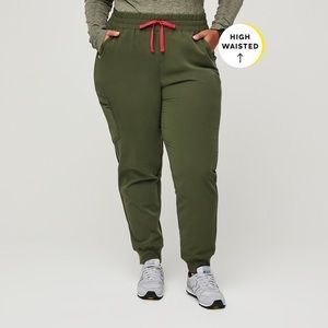 Figs Scrub Pants - Dark Olive - High-Waisted Zamora Joggers - Large Petite